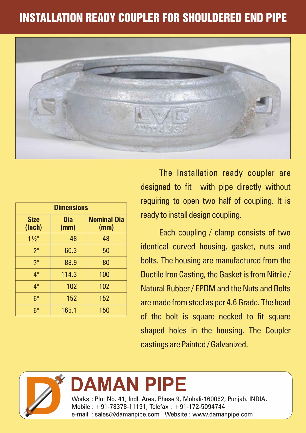 Installation Ready Coupler for Shouldered End Pipe Manufacturers in India Coupling Clamps